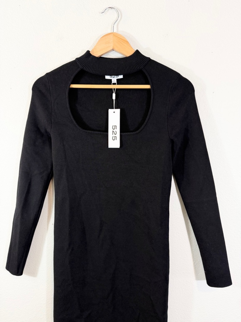 525 America Black Cutout Midi Dress Size S Mock Neck Ribbed Knit Minimalist - Picture 3 of 10